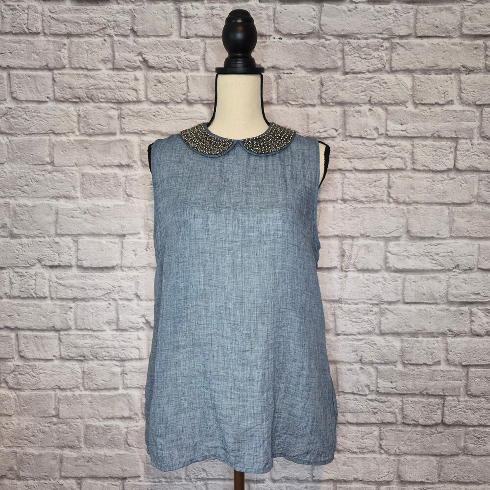 Anthropologie Maeve Chambray Blouse Sleeveless Beaded Peter Pan Collar Top Sz L - Picture 2 of 10